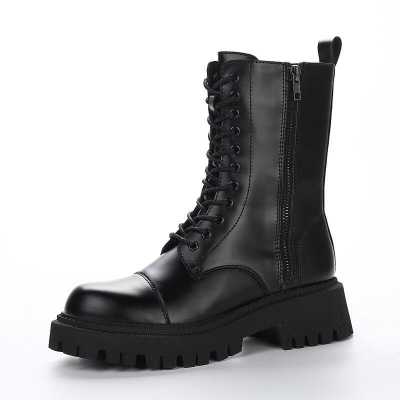 Winter Fashion Women's Boots Lace Up Mid Calf Round Head Women Boots Black Square Heel Mid Heel Women Shoes