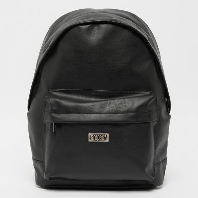 Metal Badge Basic Logo Fake Leather Backpack