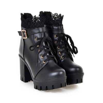 Short tube Spring Fashion Women Boots High Heels Platform Buckle Lace up Leather Boot Black Ladies Shoes Good Quality