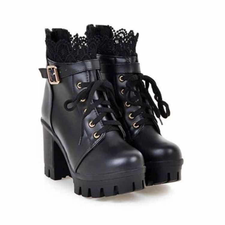 Short tube Spring Fashion Women Boots High Heels Platform Buckle Lace up Leather Boot Black Ladies Shoes Good Quality
